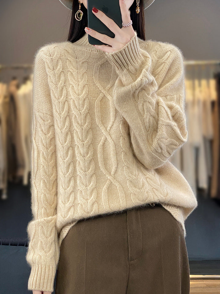 Damen Oversize-Zopfmuster-Pullover mit Mohair-Optik und gerippten Bündchen Drune
