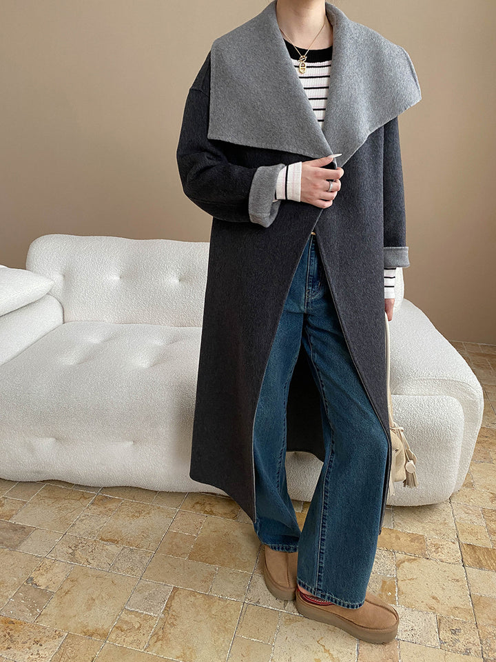 Damen eleganter Übergröße-Mantel mit tieferem Kragen und strukturierter Oberfläche Drune