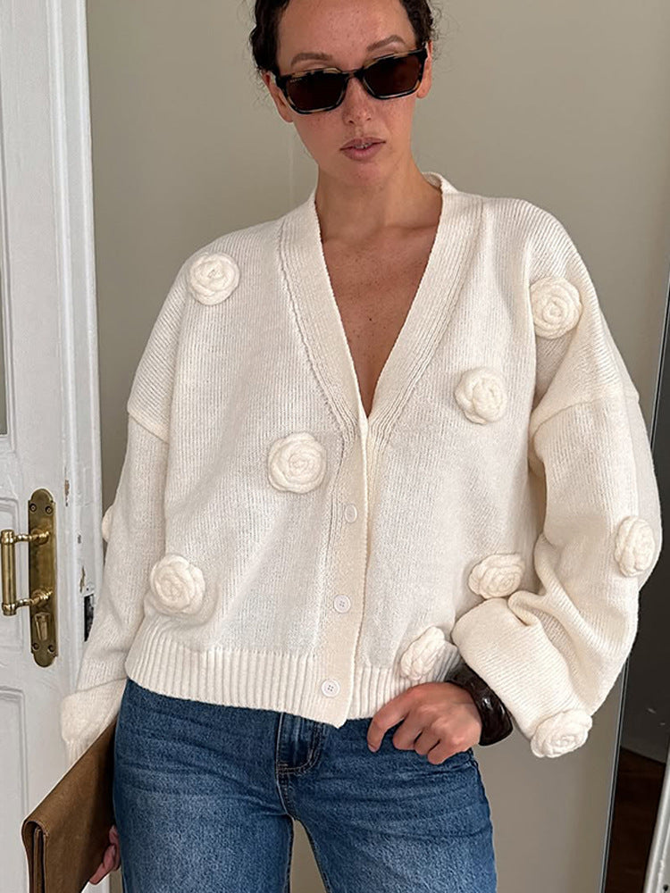 Damen Oversize-Strickcardigan mit dreidimensionalen Rosenapplikationen und V-Ausschnitt Drune