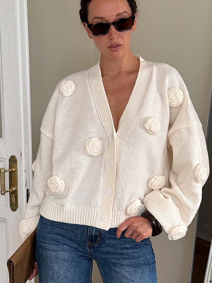Damen Oversize-Strickcardigan mit dreidimensionalen Rosenapplikationen und V-Ausschnitt Drune