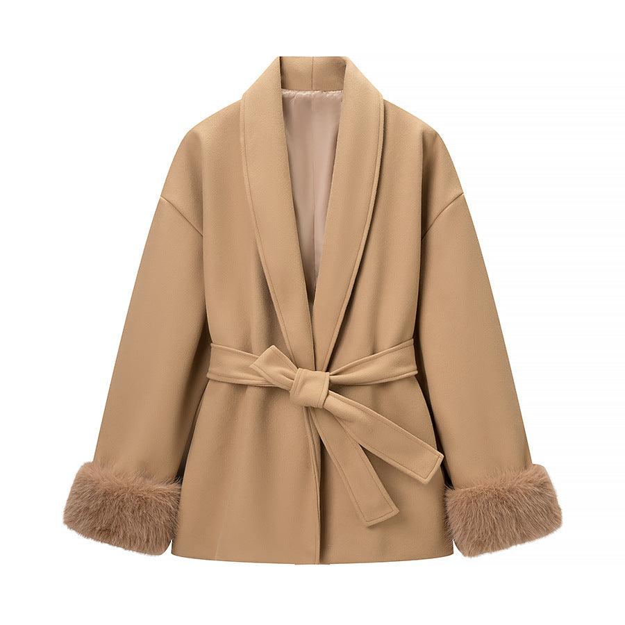 Damen Modische Jacke mit weich gefüttertem Kragen und Bindegürtel Drune