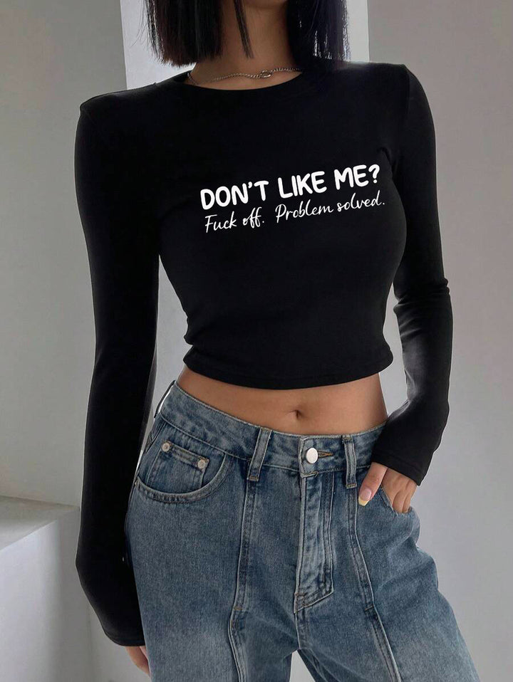 Damen nan figurbetontes langärmeliges Cropped-Shirt mit fotorealistischer Lippen-Collage und schmaler Passform Drune