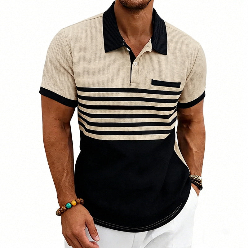Herren nan Jacquard-Polo mit Blockstreifen, Brustblende und Baumwollmix Drune
