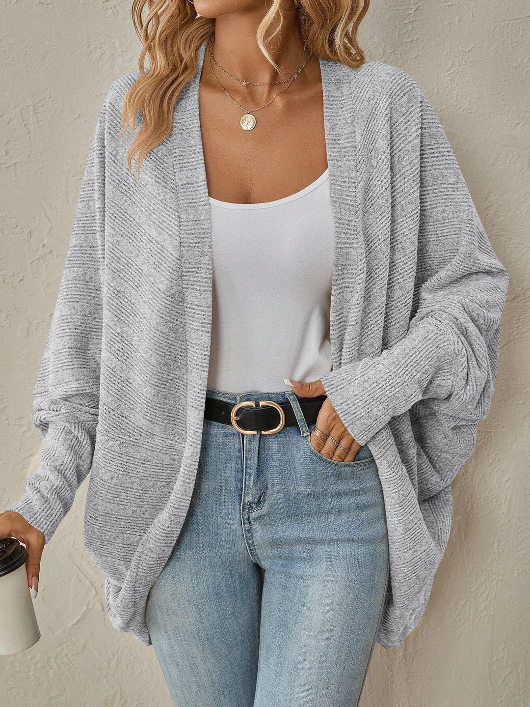 Damen Oversize Offener Strickcardigan mit Strukturstrick und weiten Trompetenärmeln Drune