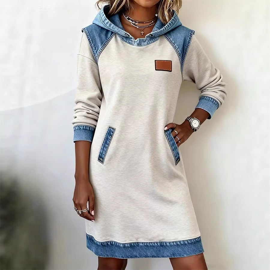 Damen Kapuzen Sweatkleid mit Denim-Besatz, Kängurutaschen und lässiger A-Linien Silhouette Drune