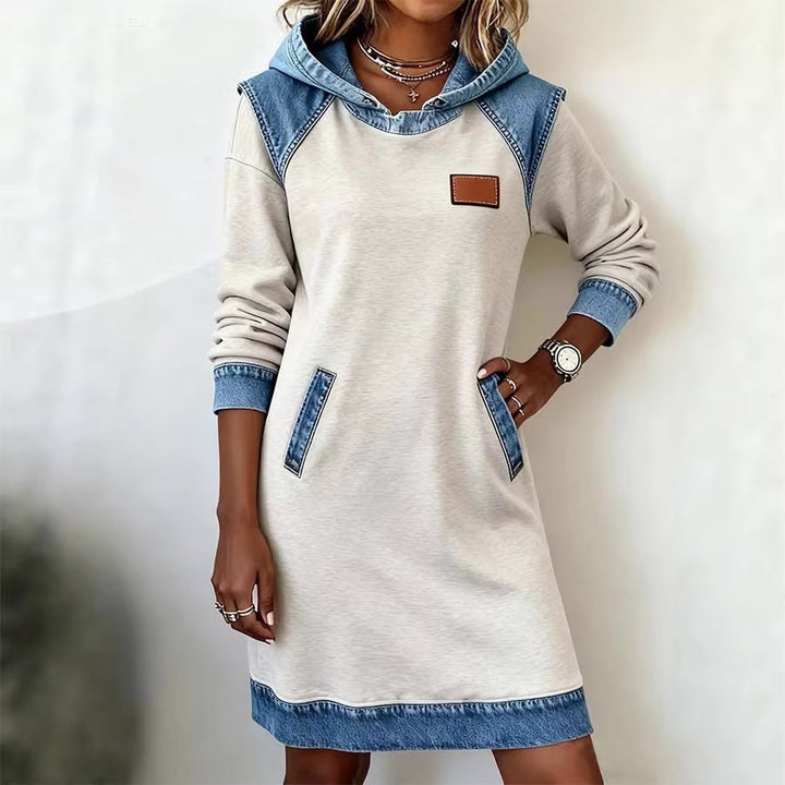 Damen Kapuzen Sweatkleid mit Denim-Besatz, Kängurutaschen und lässiger A-Linien Silhouette Drune
