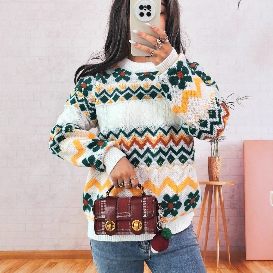 Damen Grobstrickpullover mit buntem geometrischen Muster Drune