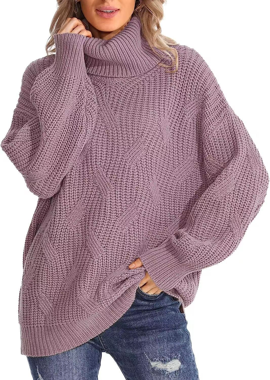 Damen Weicher Strickpullover mit hohem Kragen und Kabelmuster Drune