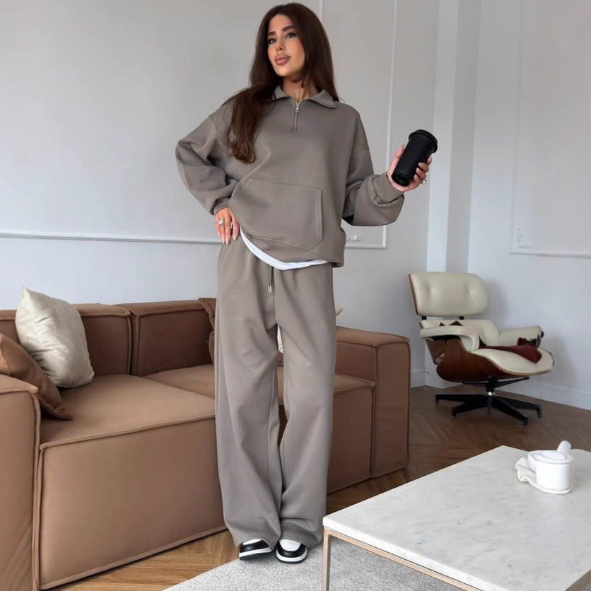 Damen nan weites Halfzip-Lounge-Set mit Kapuzenpullover, Kängurutasche und fließender Wide-Leg-Hose Drune