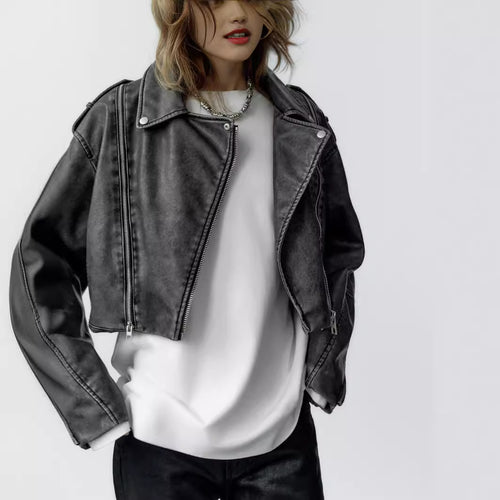 Damen Kurz geschnittene Bikerjacke aus Kunstleder mit asymmetrischer Reißverschlussfront und Oversized‑Boxy‑Silhouette Drune
