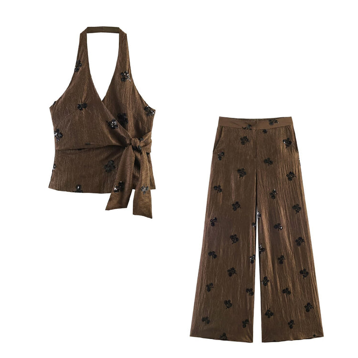 Damen 20+ weite Palazzo‑Hose mit hoher Taille, Crinkle‑Effekt und bestickten Paillettenapplikationen Drune