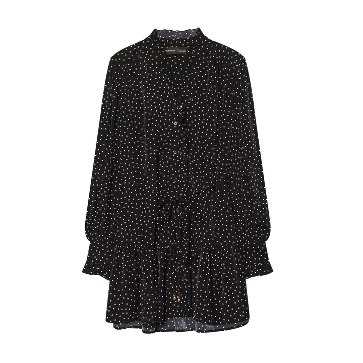 Damen nan gepunktetes Midikleid mit Rüschenblende, Taillenzug und stufigem Volantrock Drune