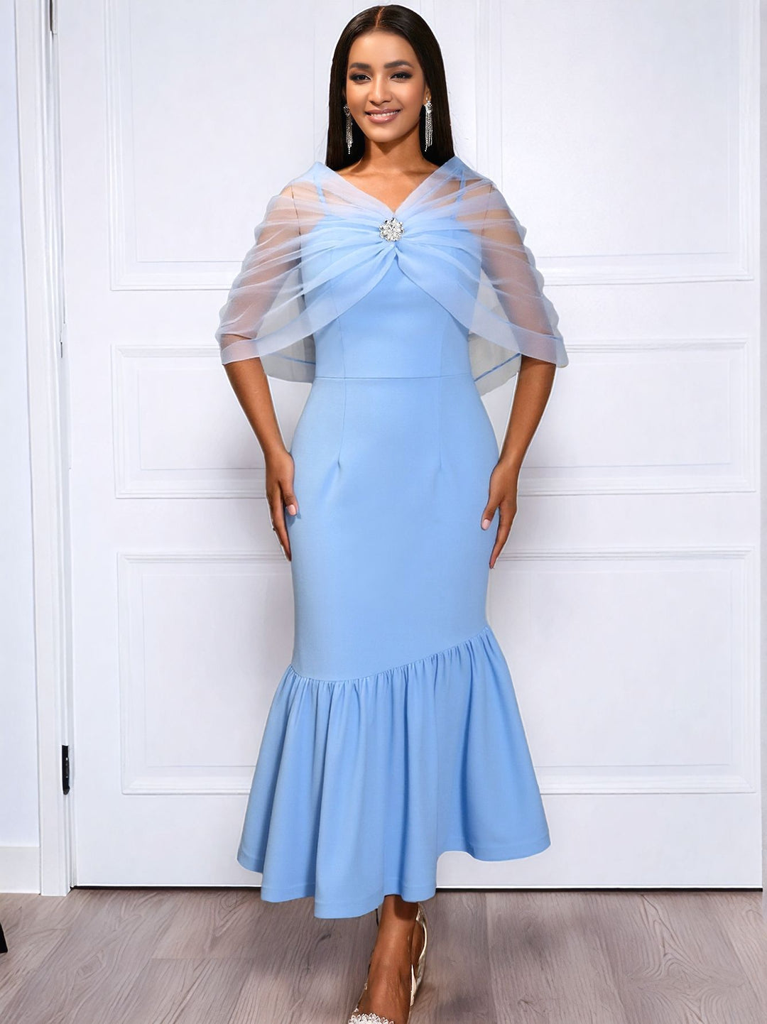 Damen elegantes Midikleid mit transparentem Chiffon-Cape und Floral-Applikation Drune
