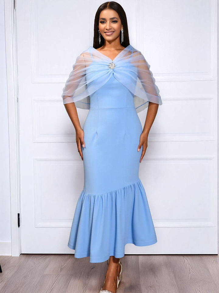 Damen elegantes Midikleid mit transparentem Chiffon-Cape und Floral-Applikation Drune