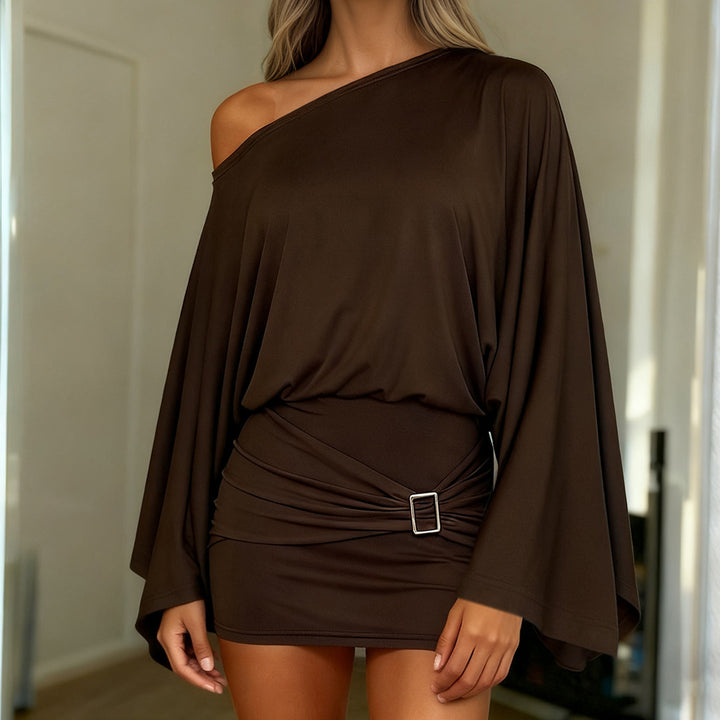 Damen Asymmetrisches Drapiertes One-Shoulder-Top mit Wasserfallärmeln und Taillengürtel Drune