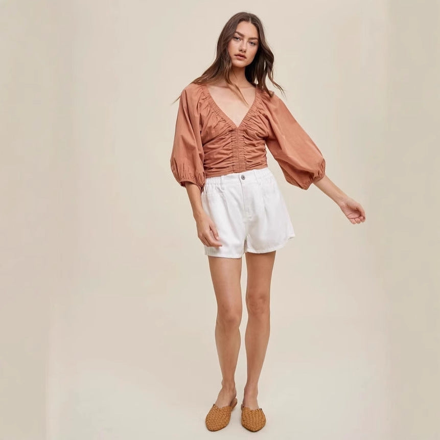 Damen cropped Bluse mit Puffärmeln Drune