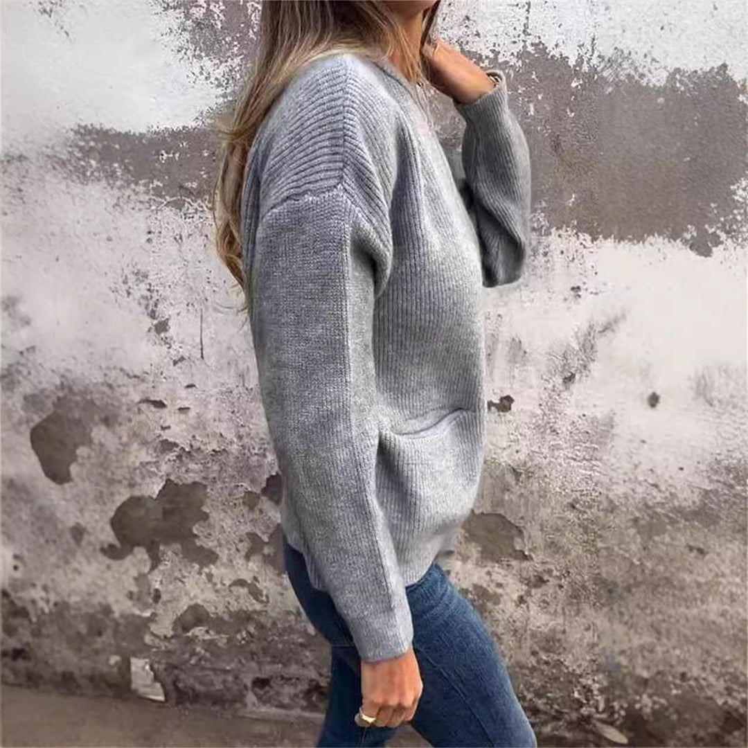 Damen Offene Strickjacke mit Rundhalsausschnitt, Eingrifftaschen und Relaxed-Fit Drune