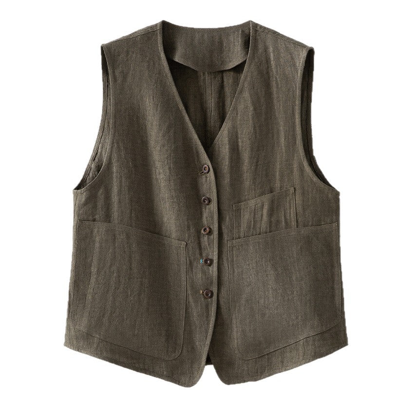 Damen Leinenweste mit V‑Ausschnitt, aufgesetzten Taschen und entspannter Passform Drune
