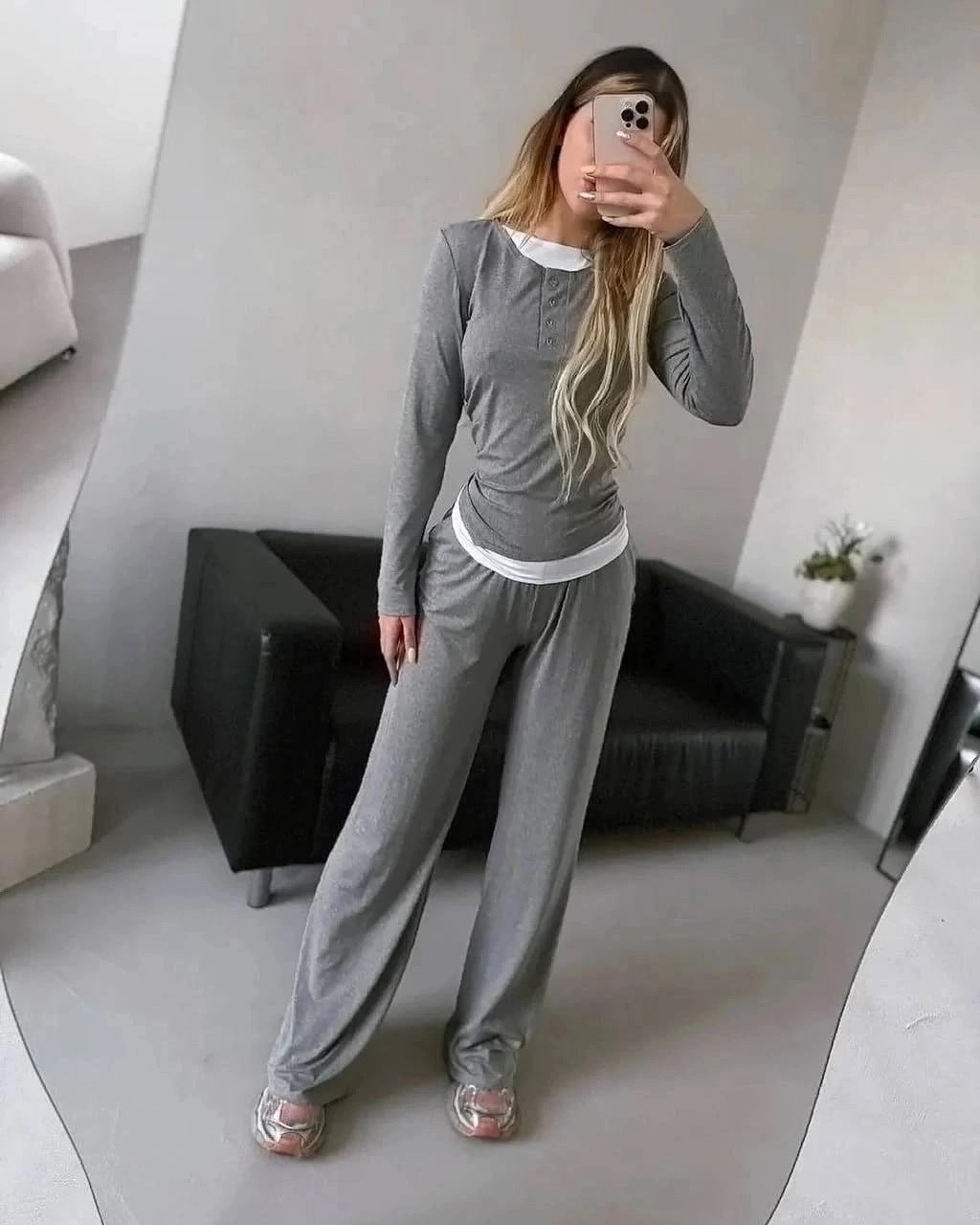 Damen Loungewear-Set aus weichem Modal mit Henley-Knopfleiste und weitem High-Waist Jogger Drune
