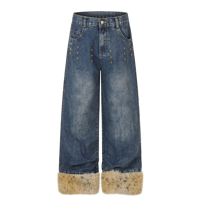 Damen Weite Denim-Palazzo-Jeans mit Fellbündchen und Nieten Drune