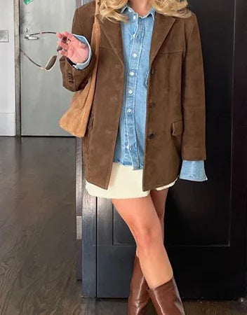 Damen Wildlederblazer im Vintage-Stil mit Taschen Drune