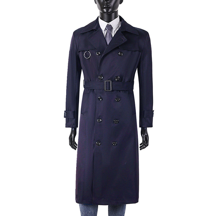Herren Doppelreihiger Trenchcoat mit Taillierung, Reverskragen und dekorativem Metallring Drune