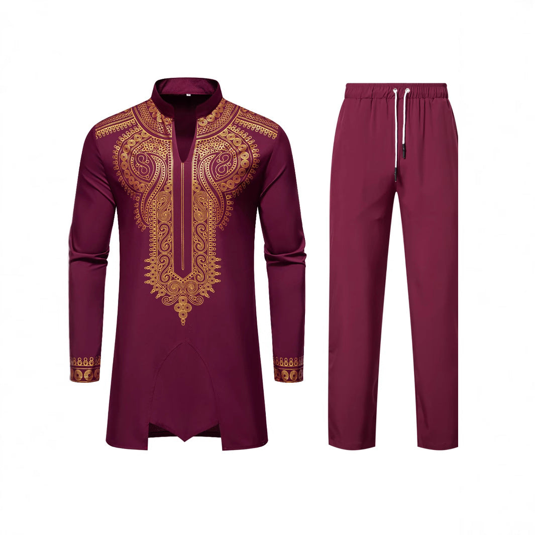 Herren Traditionelles besticktes Tunika‑Set mit Mandarinkragen und elastischer Hose Drune