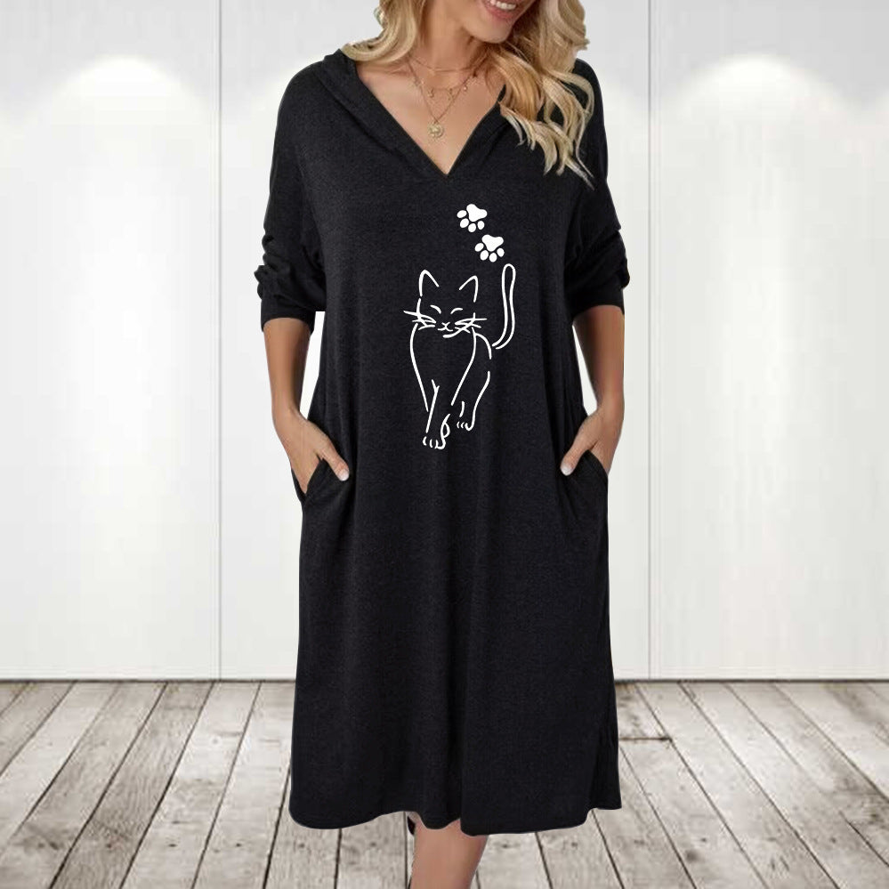 Damen Kapuzenkleid mit süßem Katzenmotiv und praktischen Taschen Drune