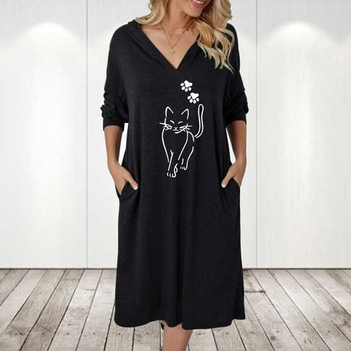 Damen Kapuzenkleid mit süßem Katzenmotiv und praktischen Taschen Drune