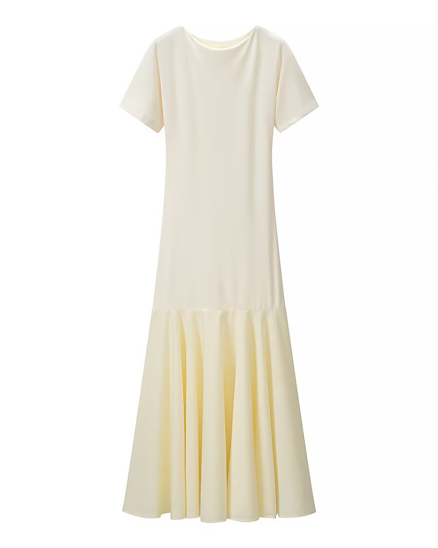 Damen Maxikleid mit kurzen Ärmeln, figurumspielendem Oberteil und ausgestelltem Volant-Saum Drune