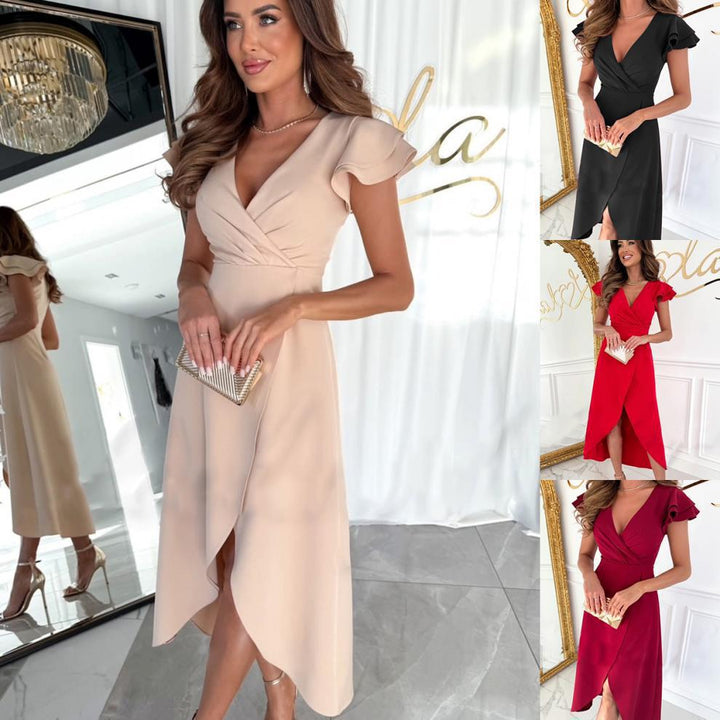 Damen elegantes Wickelkleid mit Rüschenärmeln und seitlichem Schlitz Drune