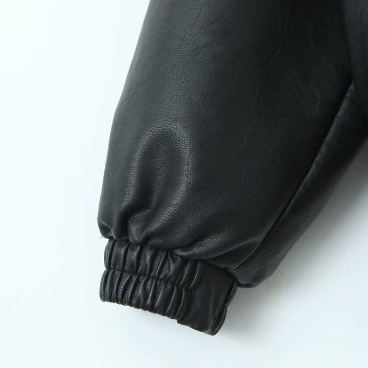 Damen nan oversized Kunstleder-Bomberjacke mit Hemdkragen elastischem Saum und aufgesetzten Pattentaschen Drune