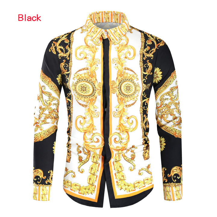 Herren nan barockes Langarm-Hemd mit ornamentalem Druck, Kentkragen und tailliertem Schnitt Drune
