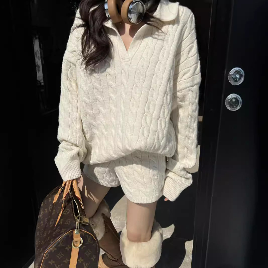 Damen Strickpullover mit modischem Zopfmuster und tiefem V-Ausschnitt Drune