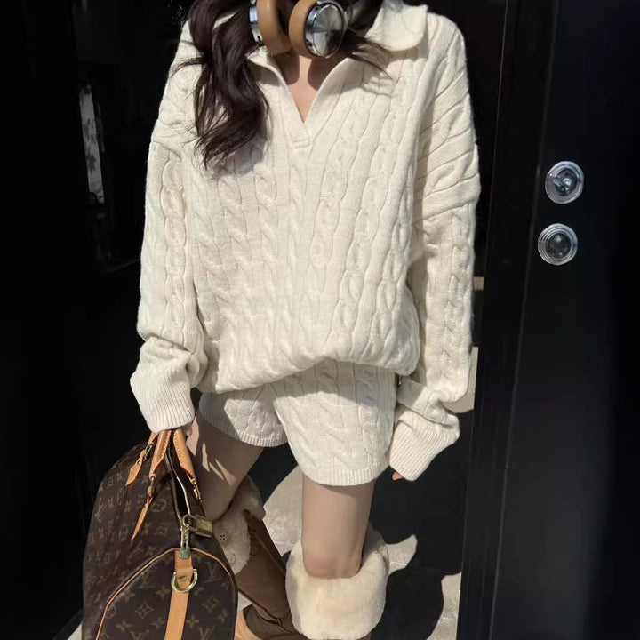 Damen Strickpullover mit modischem Zopfmuster und tiefem V-Ausschnitt Drune