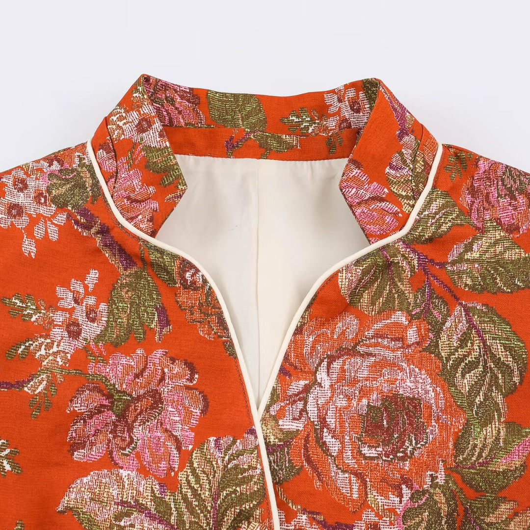 Damen Kurze Jacquard-Blazerjacke mit Blumenmuster und Stehkragen Drune