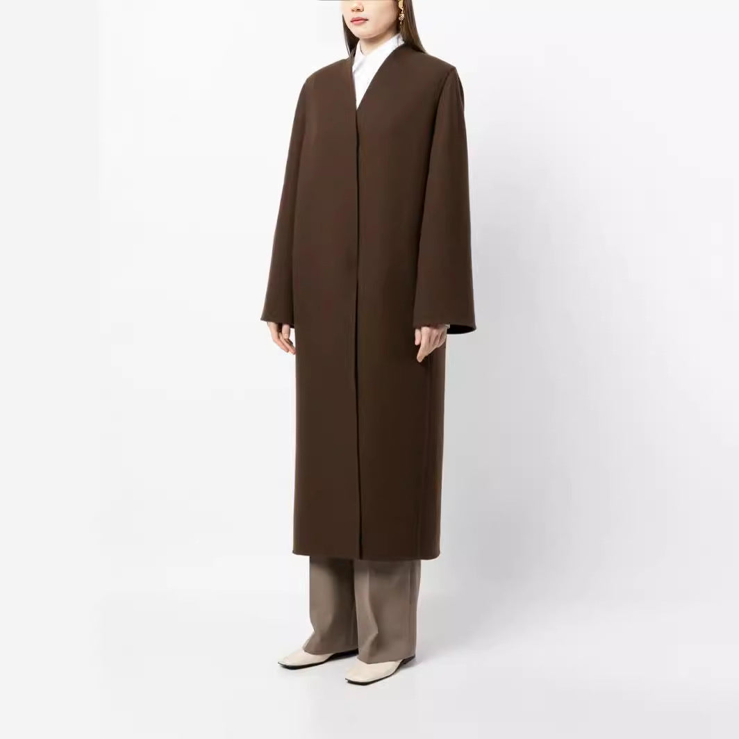 Damen Maxilanger minimalistischer Mantel mit verdeckter Front und kastiger Schulter Drune