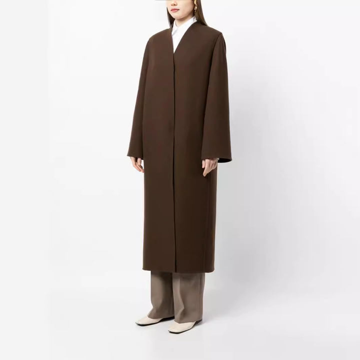Damen Maxilanger minimalistischer Mantel mit verdeckter Front und kastiger Schulter Drune