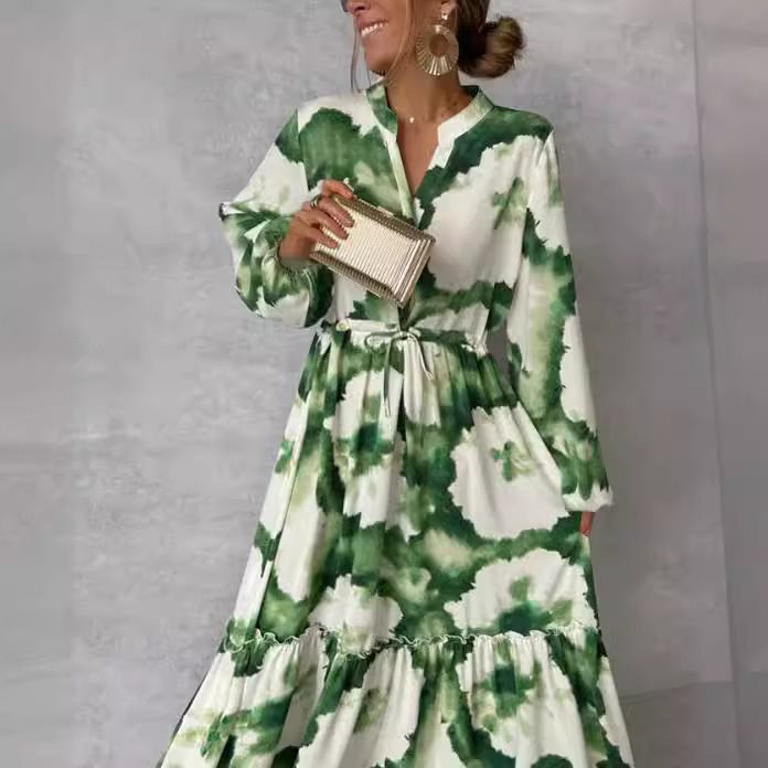 Damen Maxikleid mit modernen Aquarell-Muster und voluminösem Rock Drune