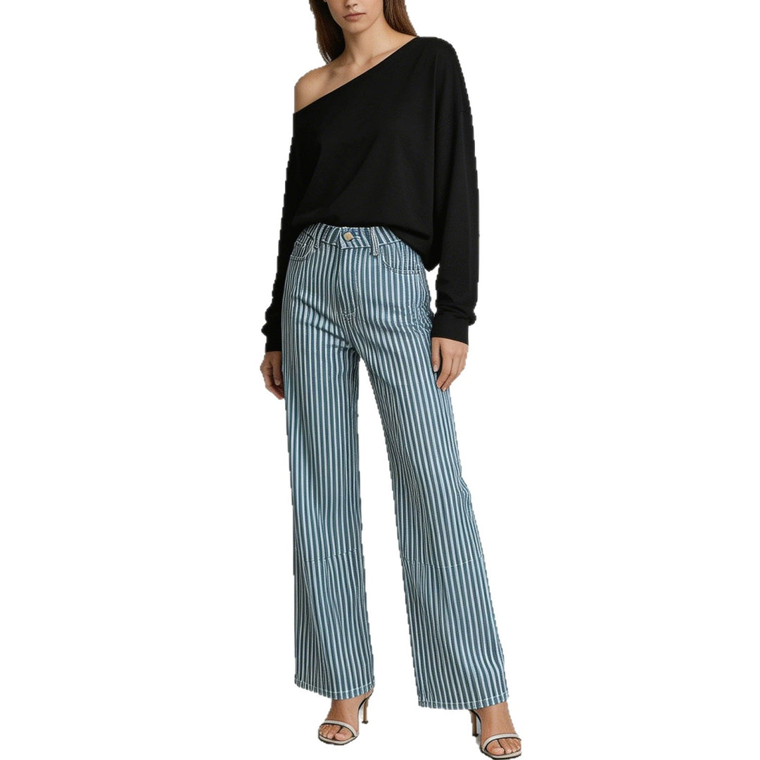 Damen nan weite High-Waist Palazzohose mit vertikalen Streifenoptik und abgesteppten Kniepartien Drune
