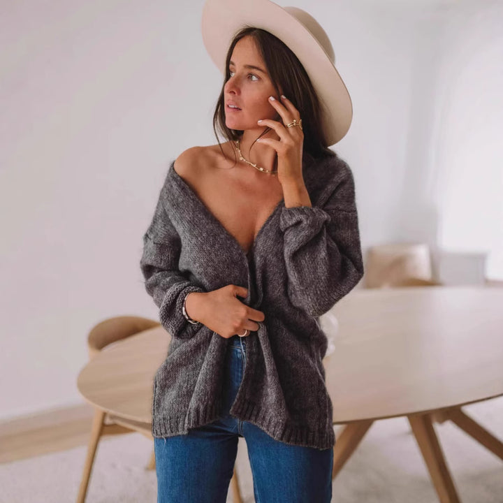 Damen gemütlicher Oversized-Pullover mit tiefem V-Ausschnitt und weicher Textur Drune