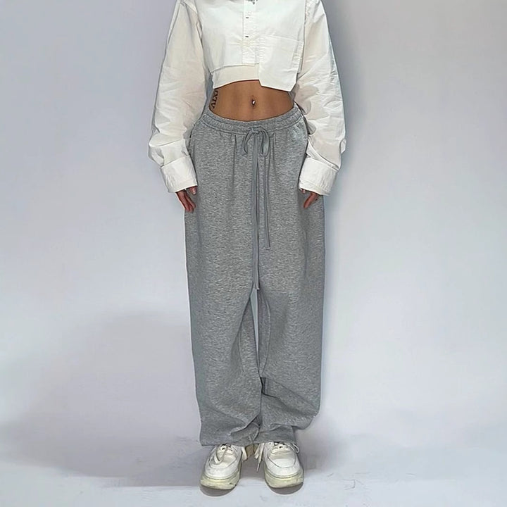 Damen nan weit geschnittene Loungehose mit hohem Bund extra weitem Bein und Tunnelzug Drune