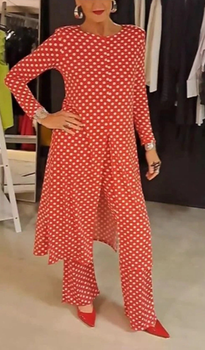 Damen nan Pünktchen-Lounge-Ensemble mit langer A-Linien-Tunika, mittigem Frontschlitz und weiter Palazzohose Drune