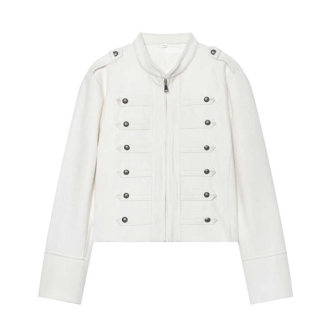 Damen Militärisch inspirierte Cropped Wollmix-Jacke mit Zierknopfreihe und Stehkragen Drune