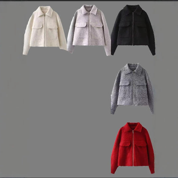 Damen Kurz geschnittene Bouclé‑Jacke mit durchgehendem Reißverschluss und Pattentaschen Drune