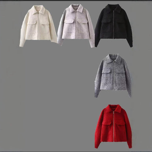 Damen Kurz geschnittene Bouclé‑Jacke mit durchgehendem Reißverschluss und Pattentaschen Drune