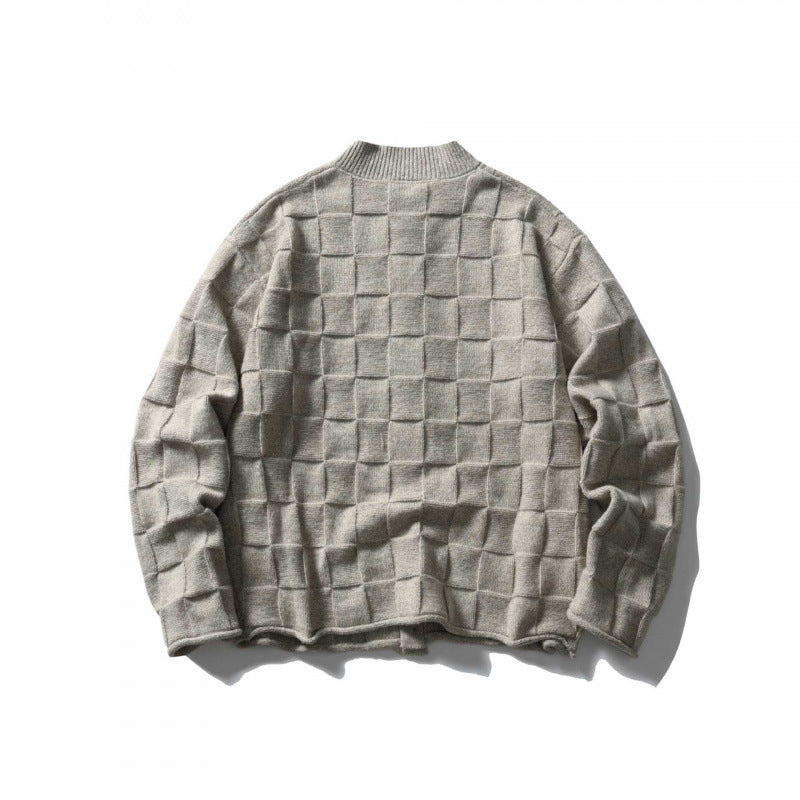 Unisex Strukturierte Boxy-Strickjacke mit Karomuster Drune