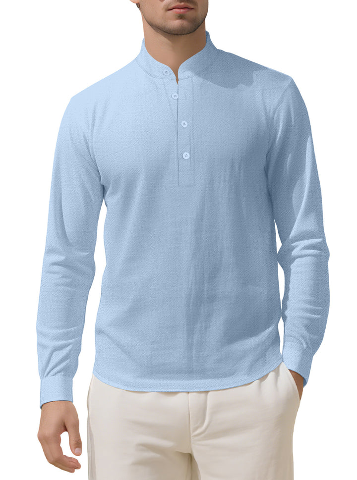 Herren Elegantes Langarmhemd mit Stehkragen und Knopfleiste Drune