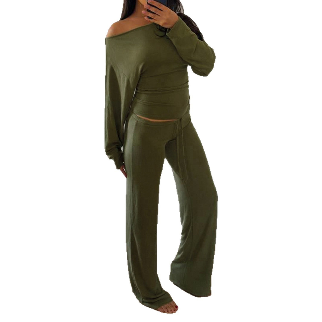 Damen Lounge-Set mit Off-Shoulder-Stretchtop und weiter Kordelbundhose Drune