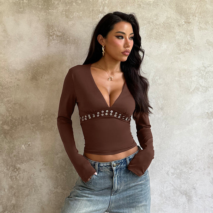 Damen elegantes Langarm-Top mit tiefem V-Ausschnitt und dekorativen Nieten Drune